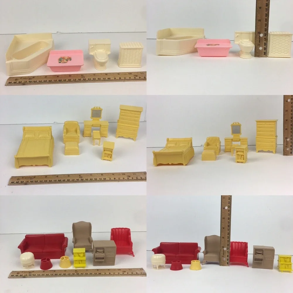 Marx Random 19 Vtg Plastic Mini Doll Furniture Bedroom Bathroom‎ Yellow Red Tan